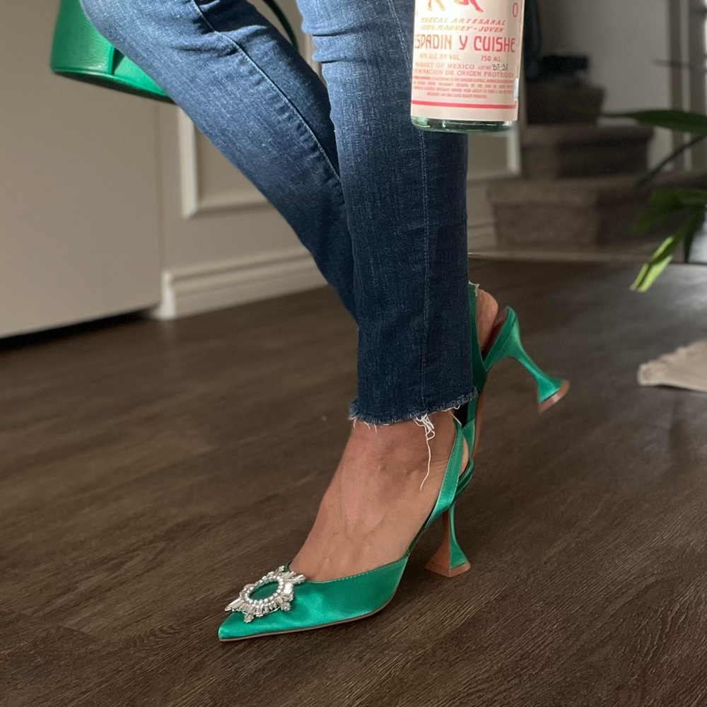 Crystal Slingback Pointed Toe Pump Triangle High Heels Size 7 - Green Satin Pump